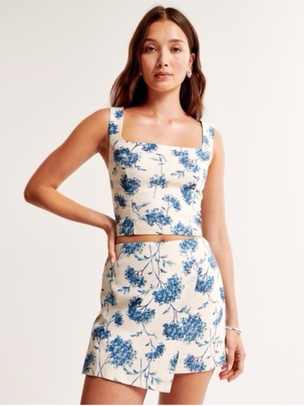 Linen M/L Floral Blue & Cream Two-Piece Crop Top and Skirt Set